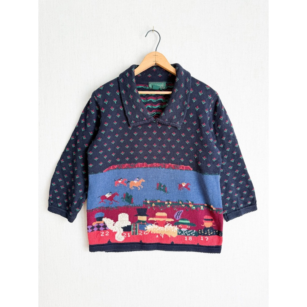 Cullinane Vintage Equestrian Horse Racing Novelty Knit Sweater Navy Blue Large